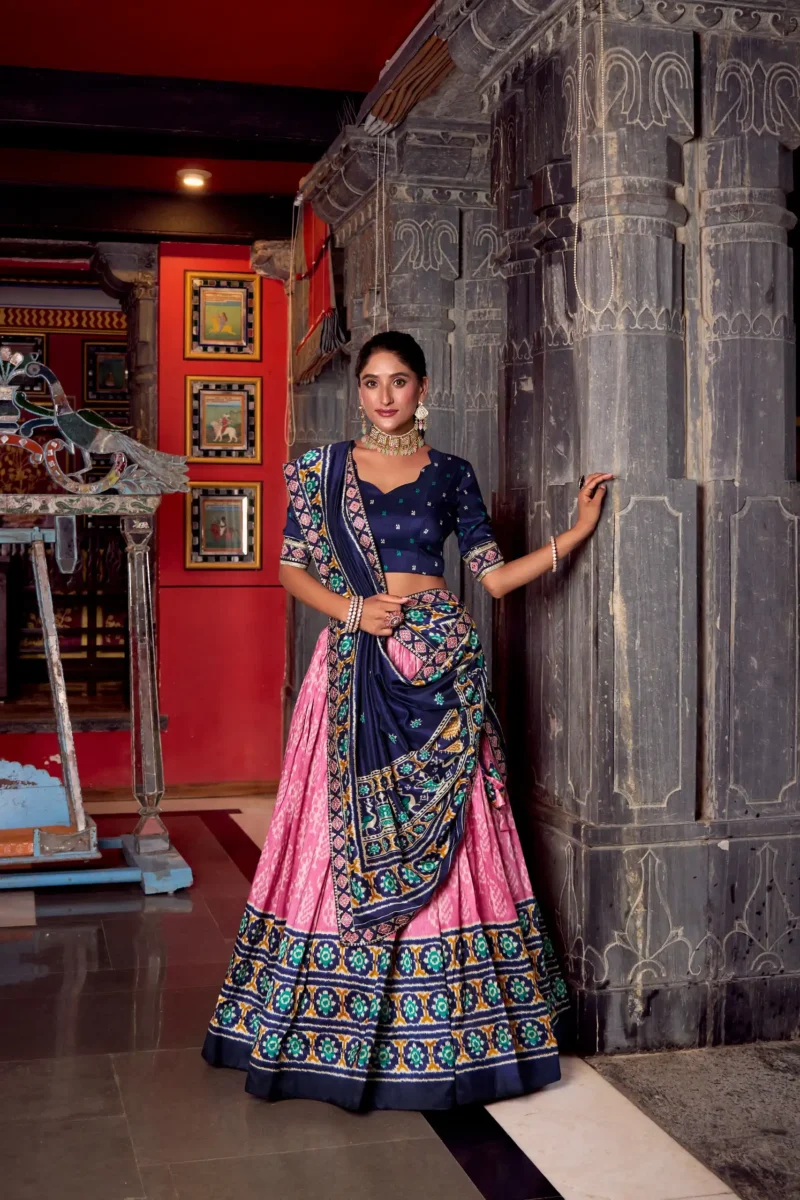 Baby Pink Ikkat Print Tasar Silk Half Saree Lehenga with Embroidery full front look