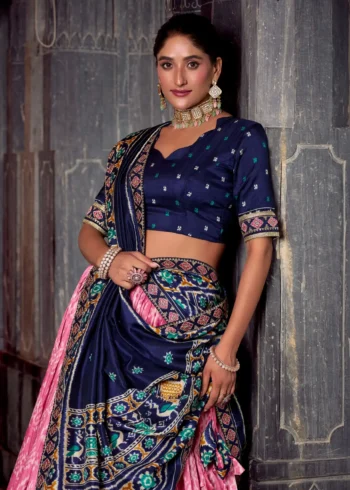 Baby Pink Ikkat Print Tasar Silk Half Saree Lehenga with Embroidery close look
