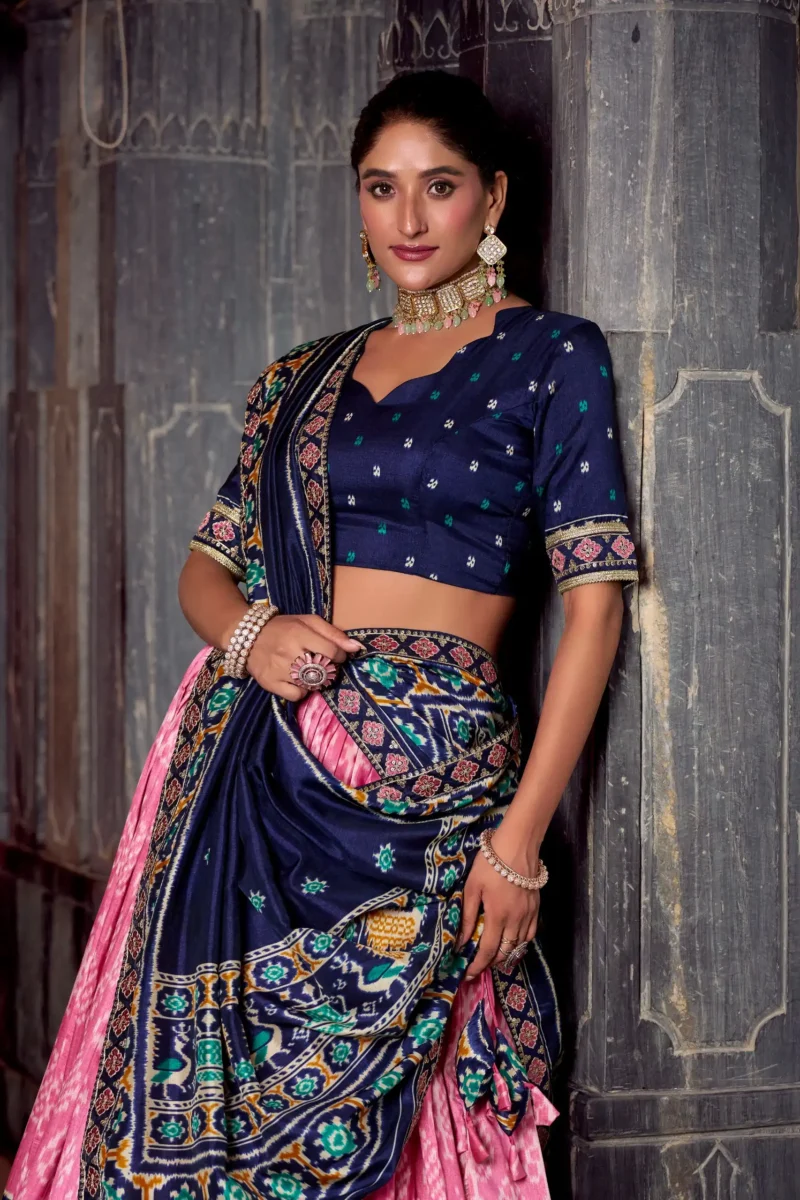 Baby Pink Ikkat Print Tasar Silk Half Saree Lehenga with Embroidery close look
