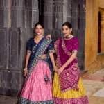 Two Girls Wearing Ikkat Print Tasar Silk Half Saree Lehenga with Embroidery