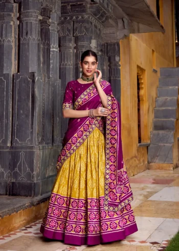 Mustard Ikkat Print Tasar Silk Half Saree Lehenga with Embroidery full front view