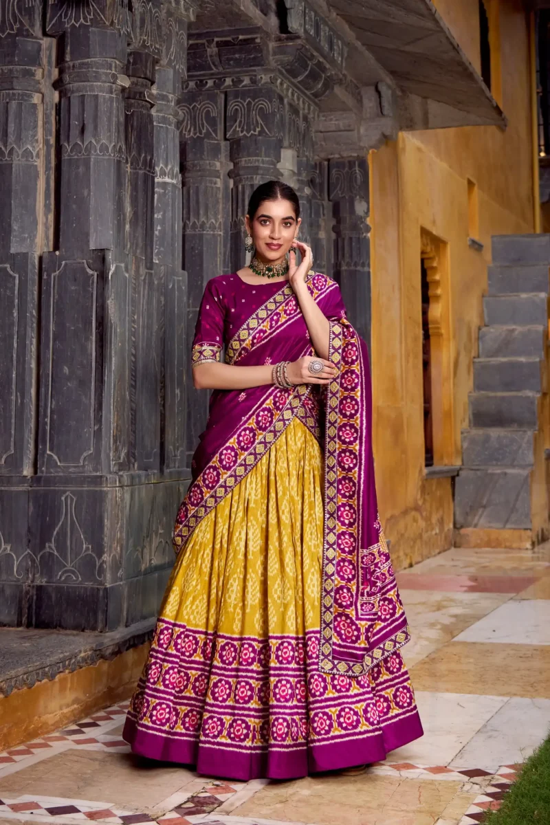 Mustard Ikkat Print Tasar Silk Half Saree Lehenga with Embroidery full front view