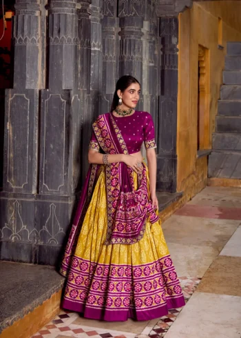 Mustard Ikkat Print Tasar Silk Half Saree Lehenga with Embroidery front look