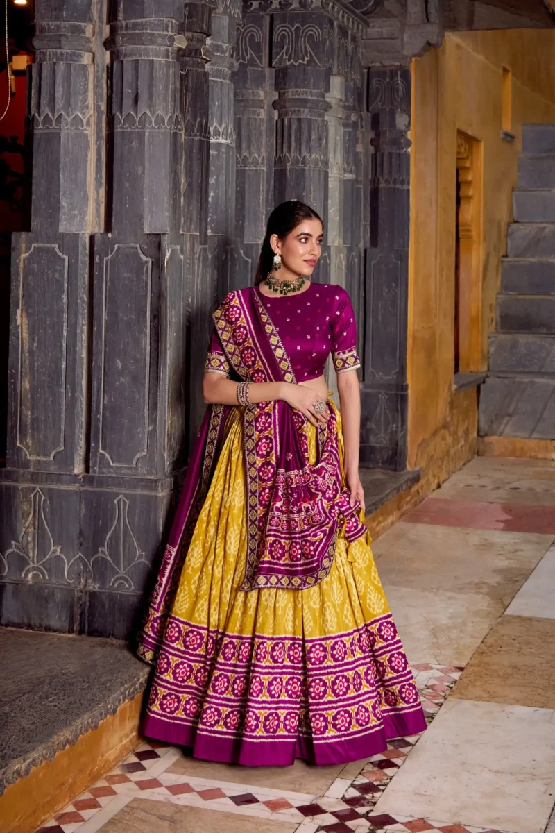 Mustard Ikkat Print Tasar Silk Half Saree Lehenga with Embroidery front look