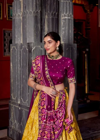 Mustard Ikkat Print Tasar Silk Half Saree Lehenga with Embroidery close look