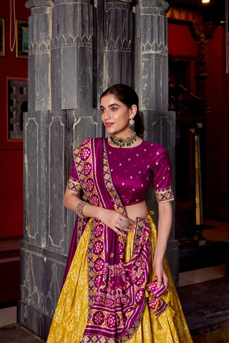 Mustard Ikkat Print Tasar Silk Half Saree Lehenga with Embroidery close look
