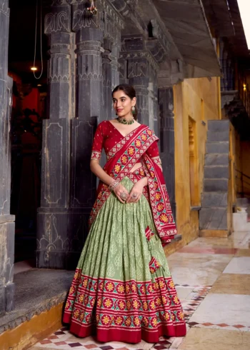 Sea Green Ikkat Print Tasar Silk Half Saree Lehenga with Embroidery front design