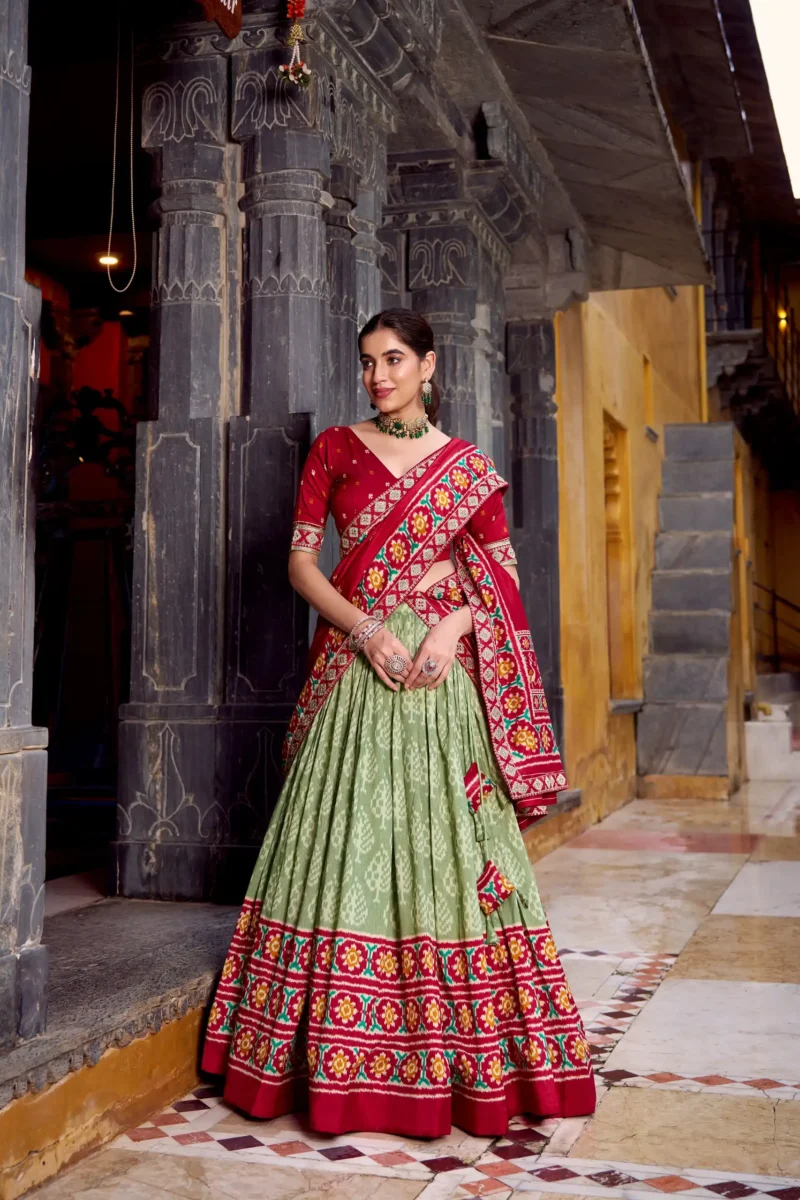 Sea Green Ikkat Print Tasar Silk Half Saree Lehenga with Embroidery front design