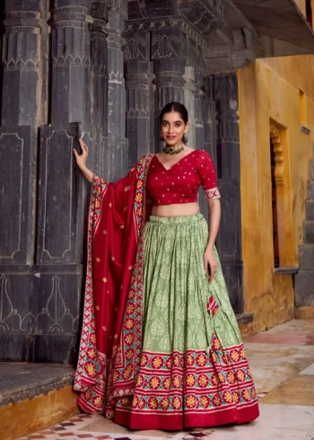 Sea Green Ikkat Print Tasar Silk Half Saree Lehenga with Embroidery front look