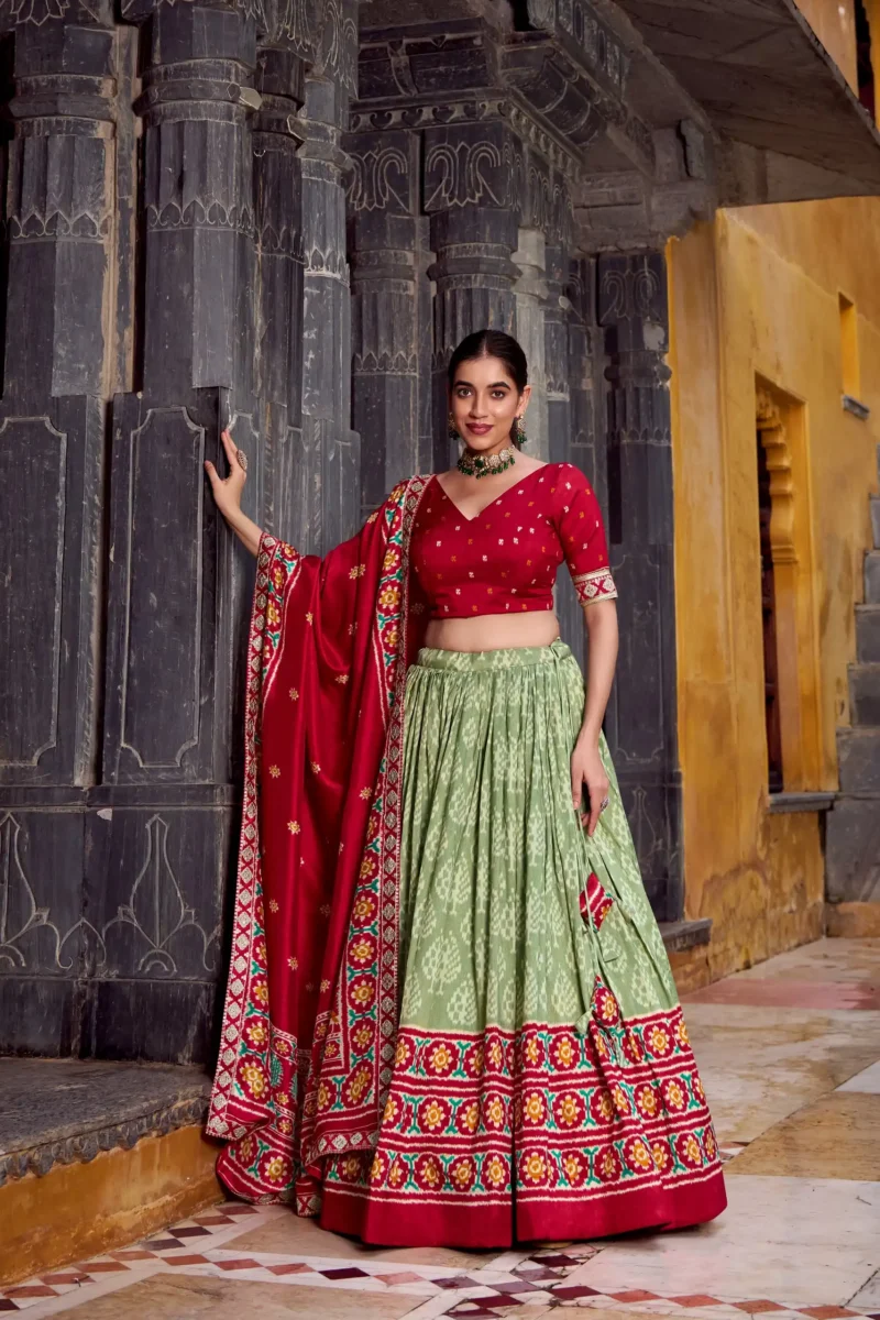 Sea Green Ikkat Print Tasar Silk Half Saree Lehenga with Embroidery front look