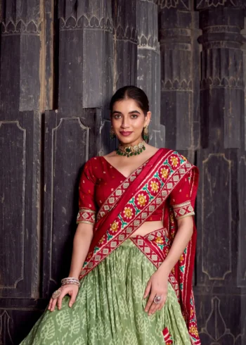 Sea Green Ikkat Print Tasar Silk Half Saree Lehenga with Embroidery close look