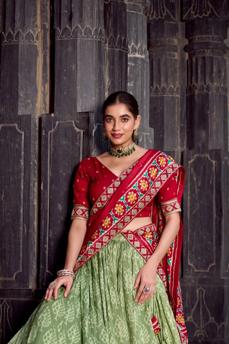 Sea Green Ikkat Print Tasar Silk Half Saree Lehenga with Embroidery close look
