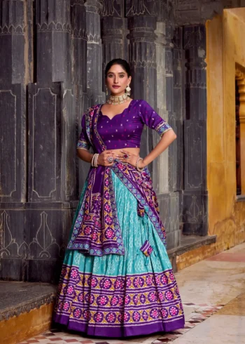 Sky blue Ikkat Print Tasar Silk Half Saree Lehenga with Embroidery full front