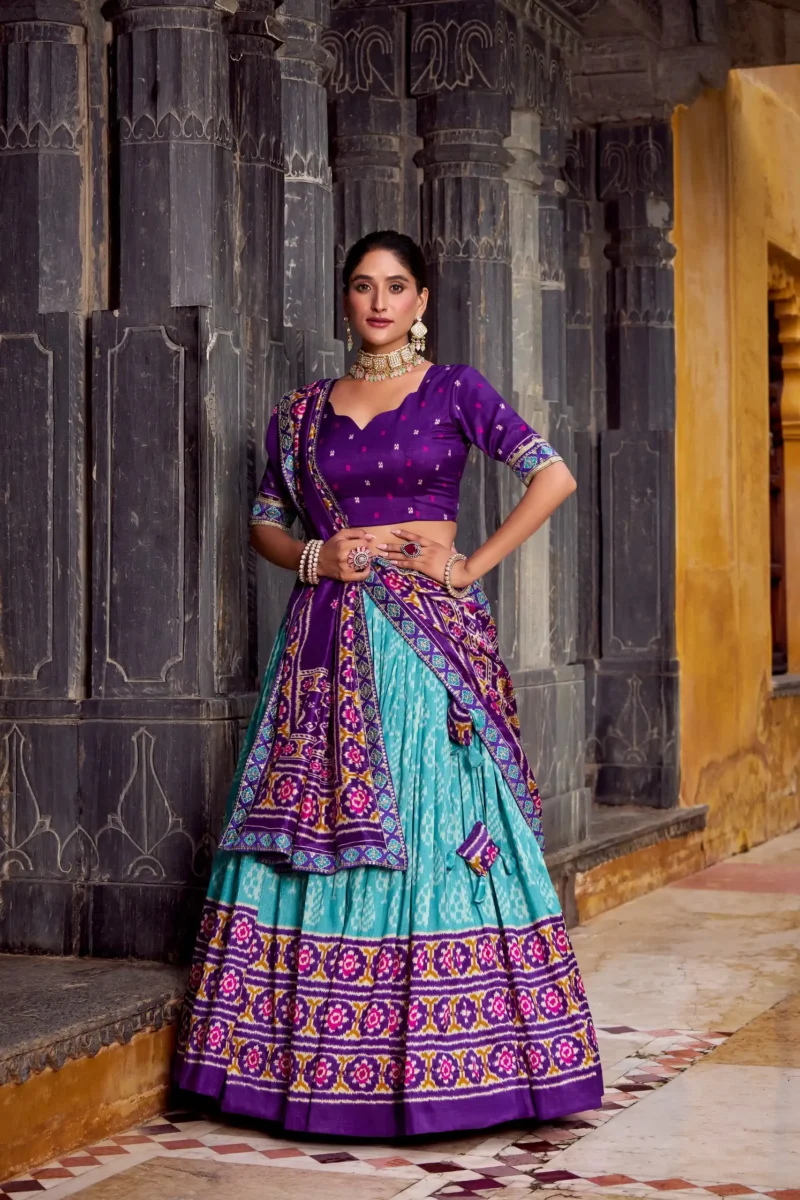 Sky blue Ikkat Print Tasar Silk Half Saree Lehenga with Embroidery full front