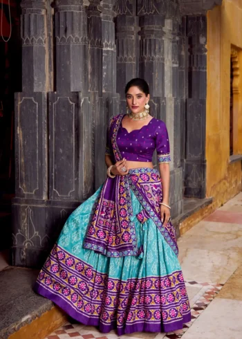 Sky blue Ikkat Print Tasar Silk Half Saree Lehenga with Embroidery front look