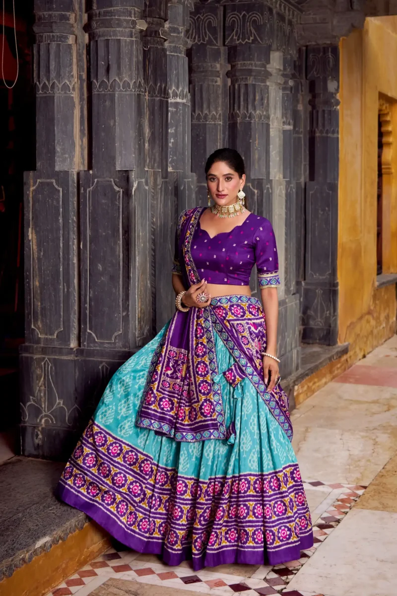 Sky blue Ikkat Print Tasar Silk Half Saree Lehenga with Embroidery front look