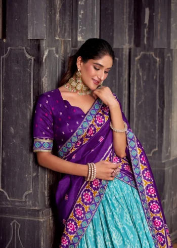 Sky blue Ikkat Print Tasar Silk Half Saree Lehenga with Embroidery close