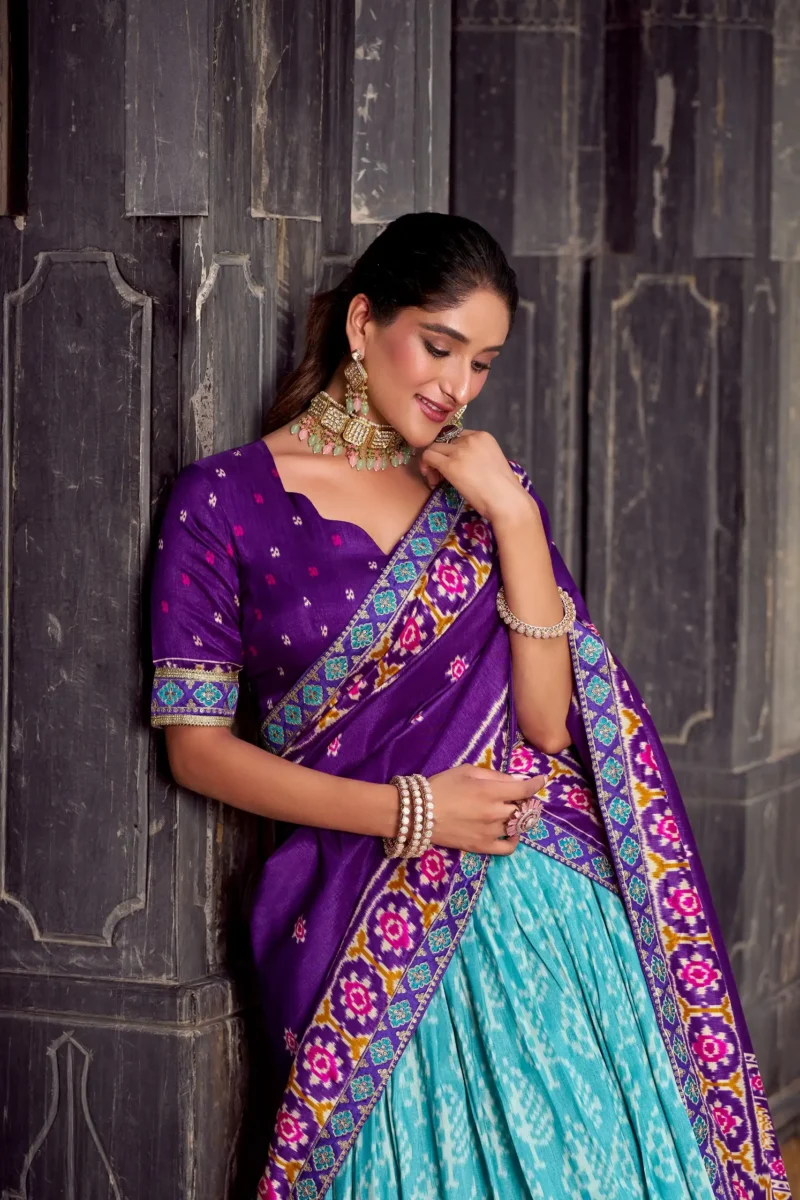 Sky blue Ikkat Print Tasar Silk Half Saree Lehenga with Embroidery close