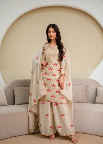 Cream Imported Chiffon Satin Designer Suit Set with Floral Embroidery full look