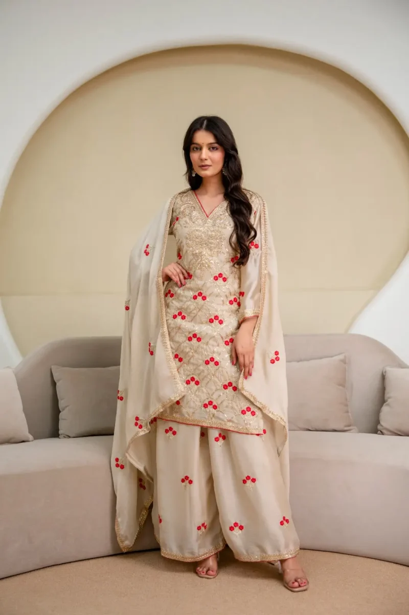 Cream Imported Chiffon Satin Designer Suit Set with Floral Embroidery full look