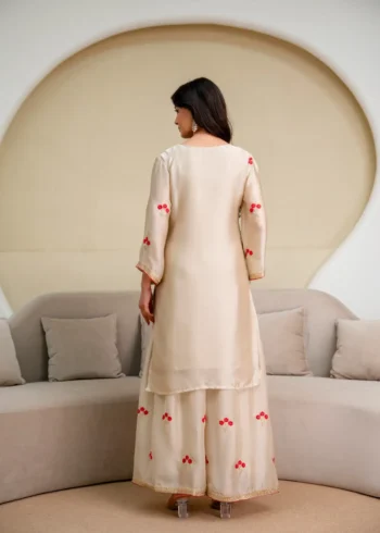 Cream Imported Chiffon Satin Designer Suit Set with Floral Embroidery back design