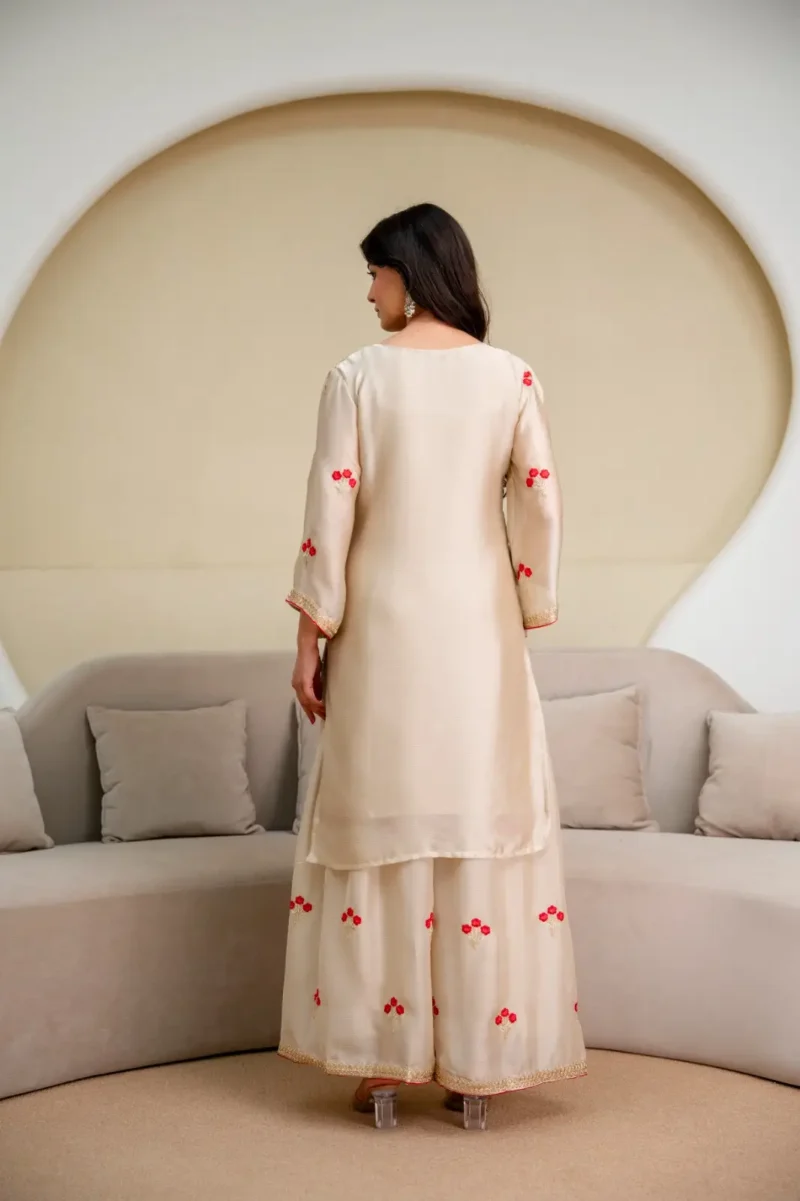 Cream Imported Chiffon Satin Designer Suit Set with Floral Embroidery back design