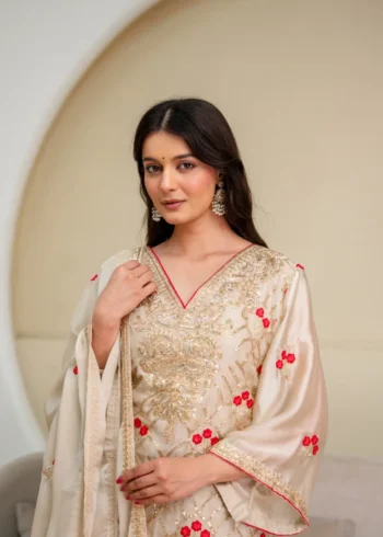 Cream Imported Chiffon Satin Designer Suit Set with Floral Embroidery close look