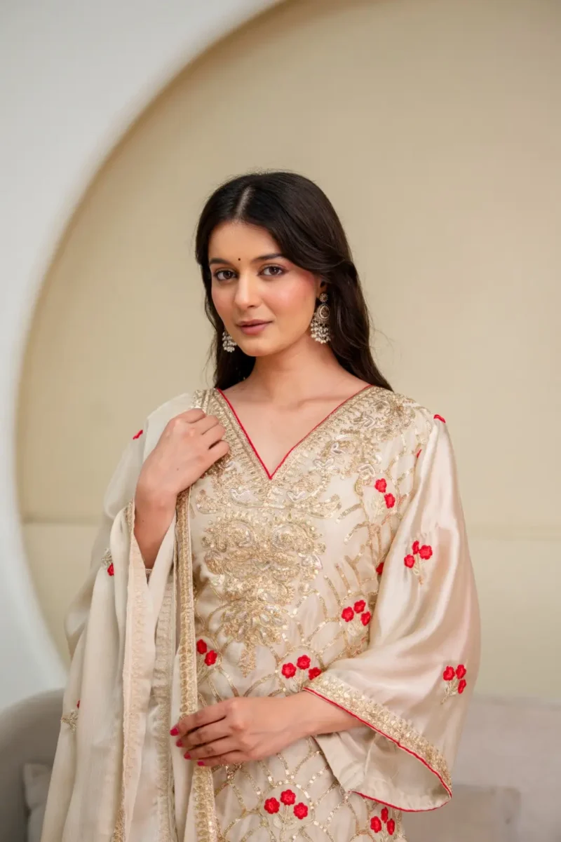 Cream Imported Chiffon Satin Designer Suit Set with Floral Embroidery close look