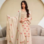 Cream Imported Chiffon Satin Designer Suit Set with Floral Embroidery front look
