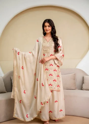 Cream Imported Chiffon Satin Designer Suit Set with Floral Embroidery front look