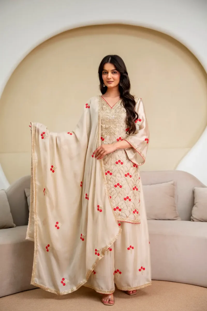Cream Imported Chiffon Satin Designer Suit Set with Floral Embroidery front look