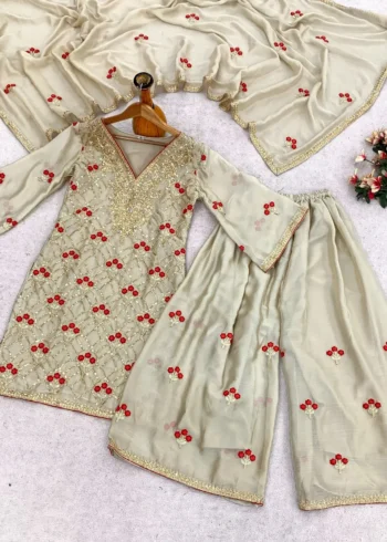Cream Imported Chiffon Satin Designer Suit Set with Floral Embroidery live image