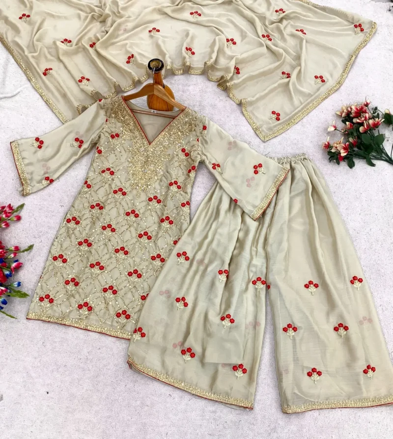 Cream Imported Chiffon Satin Designer Suit Set with Floral Embroidery live image