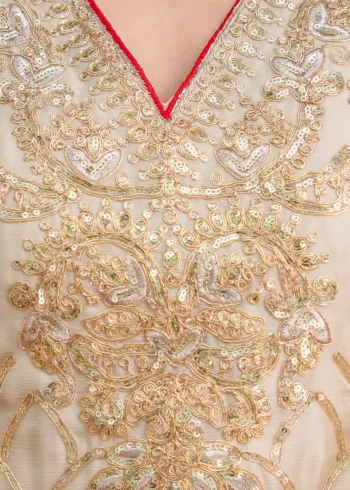 Cream Imported Chiffon Satin Designer Suit Set with Floral Embroidery neck work