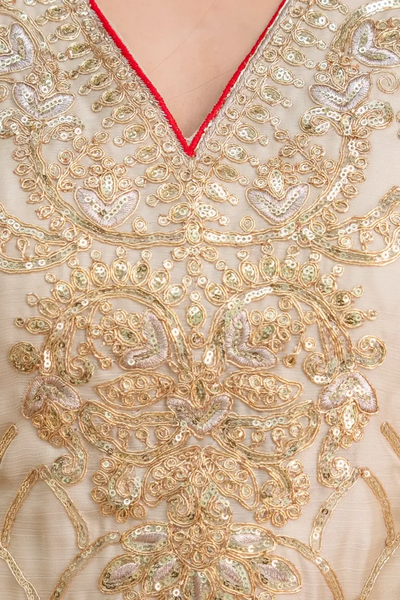 Cream Imported Chiffon Satin Designer Suit Set with Floral Embroidery neck work