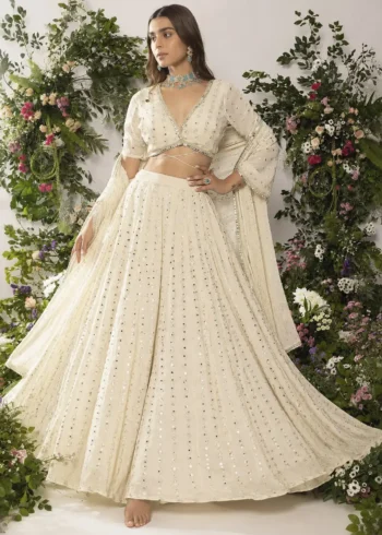 Ivory Tone-on-Tone Sequin Embroidered Party Wear Lehenga flair look