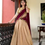 Cream Kanchipuram Half Saree Lehenga for Onam with Zari Border front look
