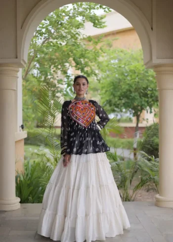 Black Kora Cotton Bandhni Print Navratri Lehenga with Kutchi Gamthi Top front look