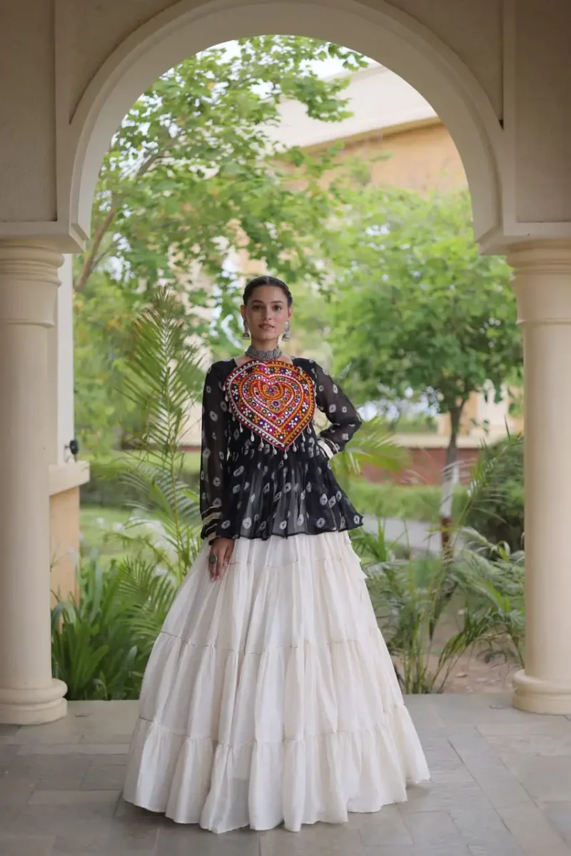 Black Kora Cotton Bandhni Print Navratri Lehenga with Kutchi Gamthi Top front look