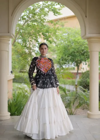 Black Kora Cotton Bandhni Print Navratri Lehenga with Kutchi Gamthi Top
