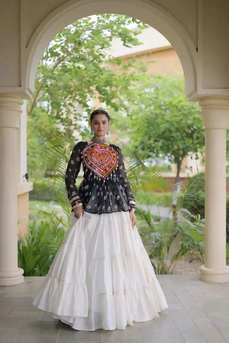 Black Kora Cotton Bandhni Print Navratri Lehenga with Kutchi Gamthi Top