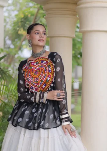 Black Kora Cotton Bandhni Print Navratri Lehenga with Kutchi Gamthi Top close look