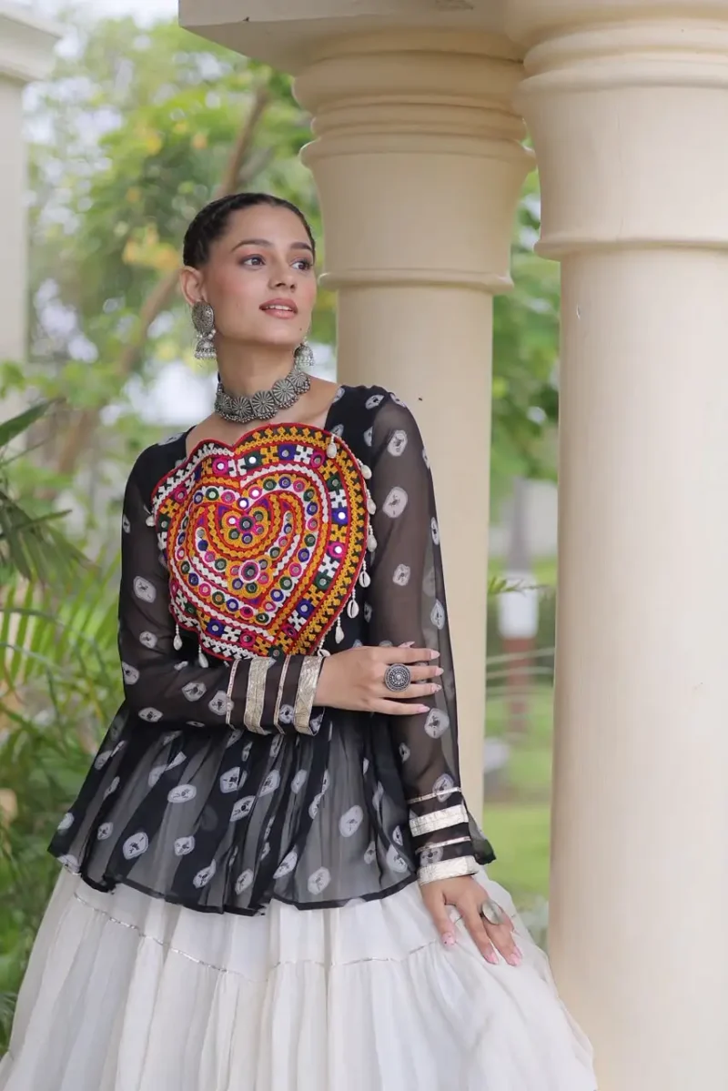 Black Kora Cotton Bandhni Print Navratri Lehenga with Kutchi Gamthi Top close look