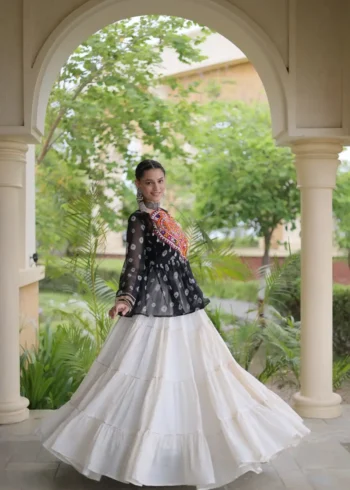 Black Kora Cotton Bandhni Print Navratri Lehenga with Kutchi Gamthi Top flair look