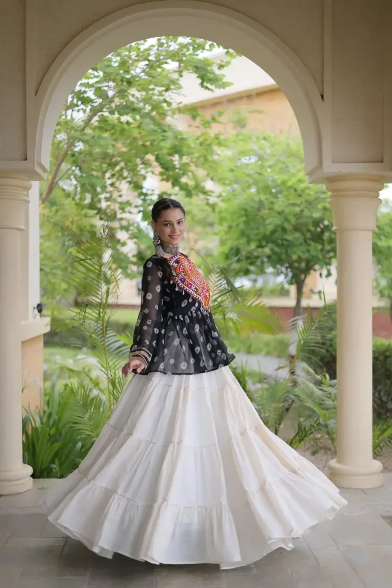 Black Kora Cotton Bandhni Print Navratri Lehenga with Kutchi Gamthi Top flair look
