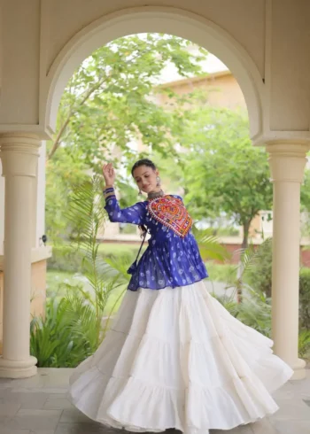 Blue Kora Cotton Bandhni Print Navratri Lehenga with Kutchi Gamthi Top flair look
