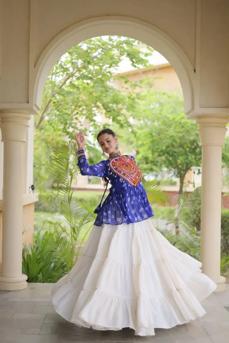 Blue Kora Cotton Bandhni Print Navratri Lehenga with Kutchi Gamthi Top flair look