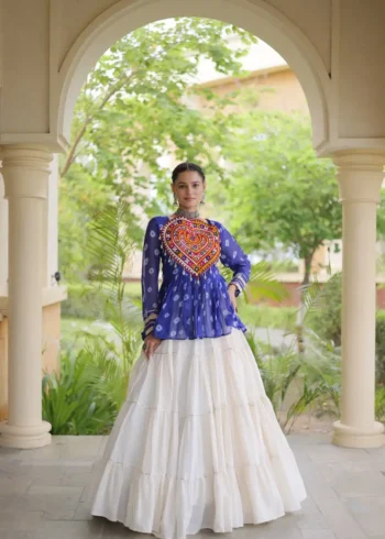 Blue Kora Cotton Bandhni Print Navratri Lehenga with Kutchi Gamthi Top