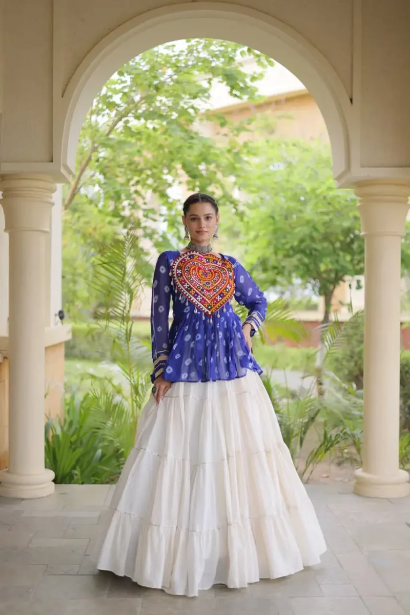 Blue Kora Cotton Bandhni Print Navratri Lehenga with Kutchi Gamthi Top