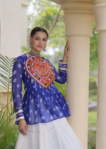 Blue Kora Cotton Bandhni Print Navratri Lehenga with Kutchi Gamthi Top close look